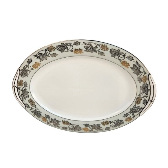 Noritake China Silvine 5487 Large Serving Platter Green Gold Flowers Silver Trim - Picture 12 of 13